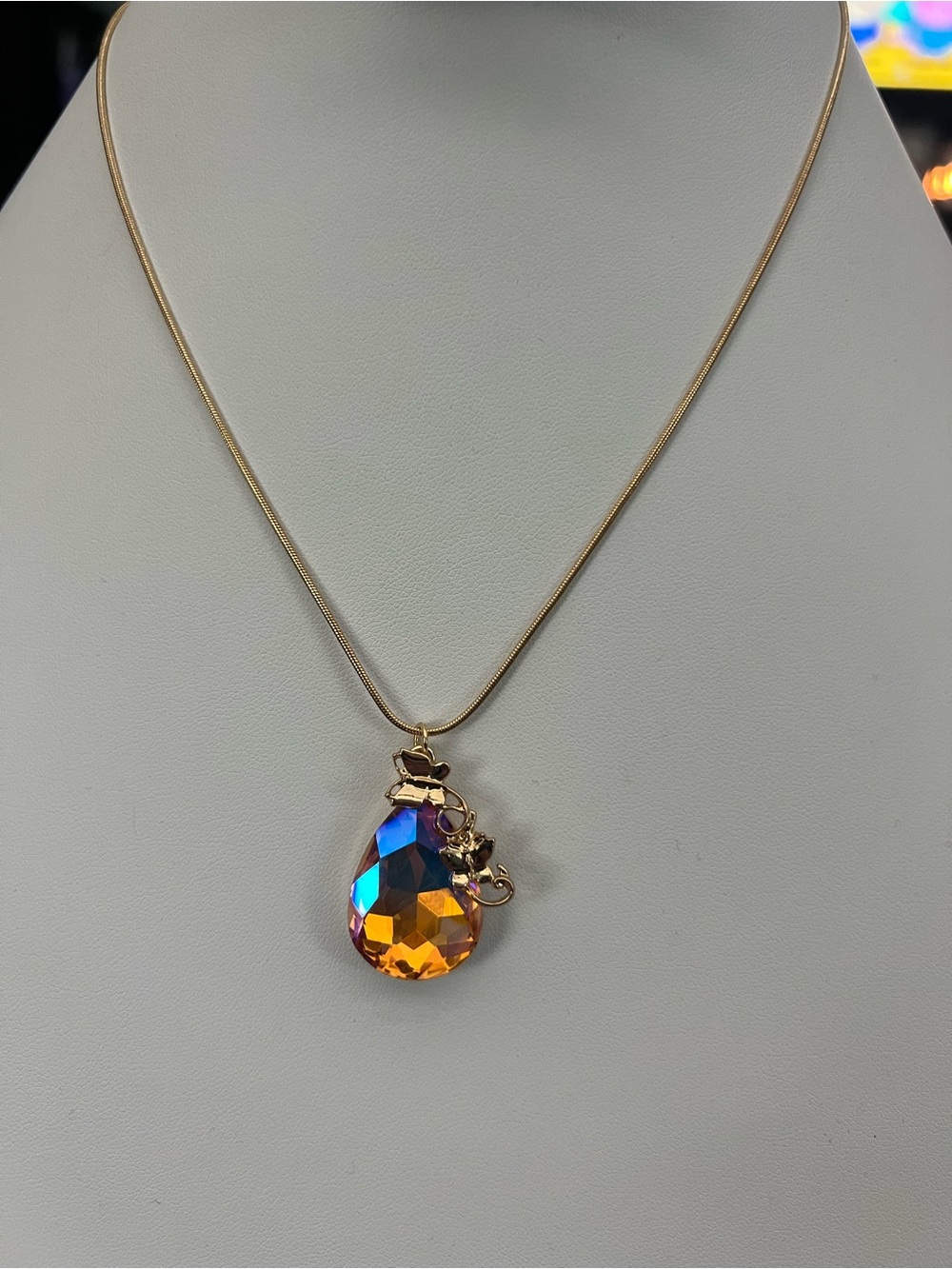 Paparazzi Gold-Tone Necklace with Iridescent Teardrop Crystal Pendant